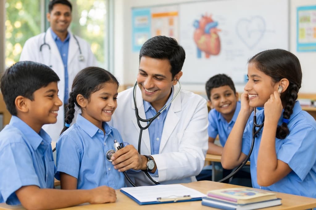 Male doctor examining a school student while others watch